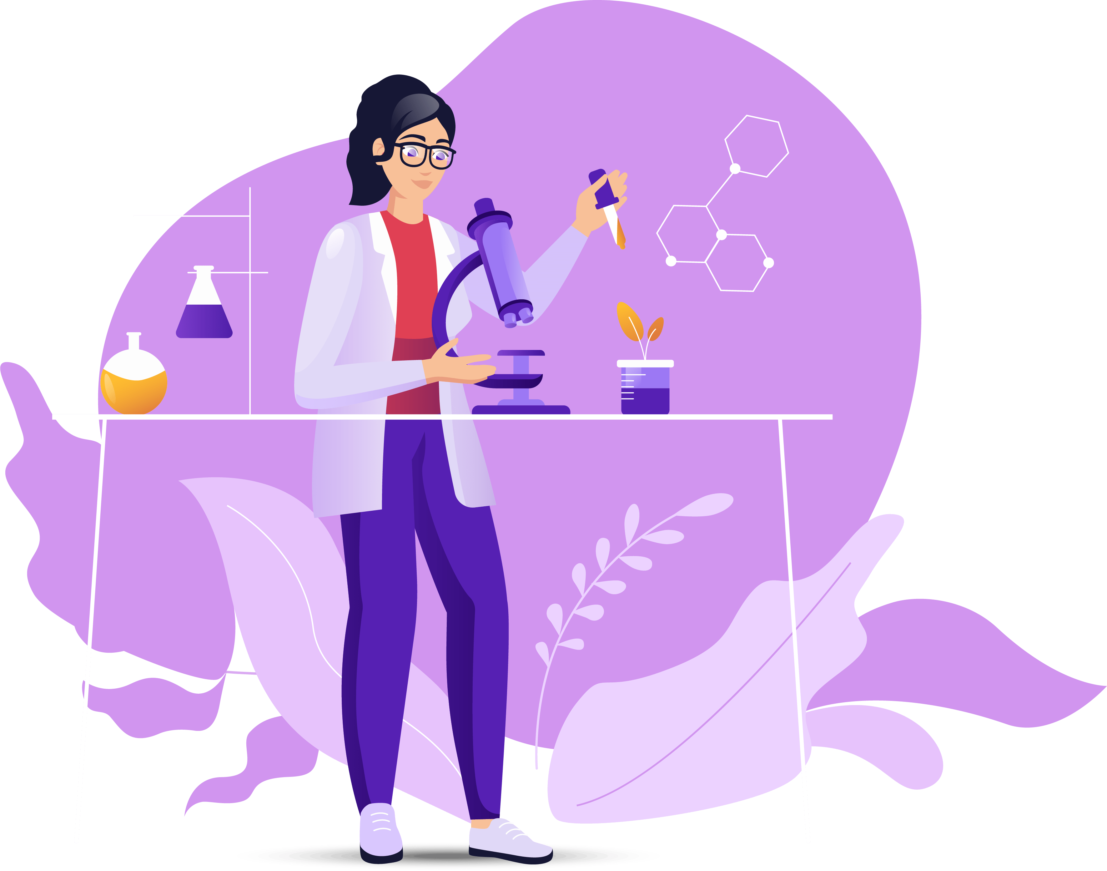 female worker with microscope testing natural raw material