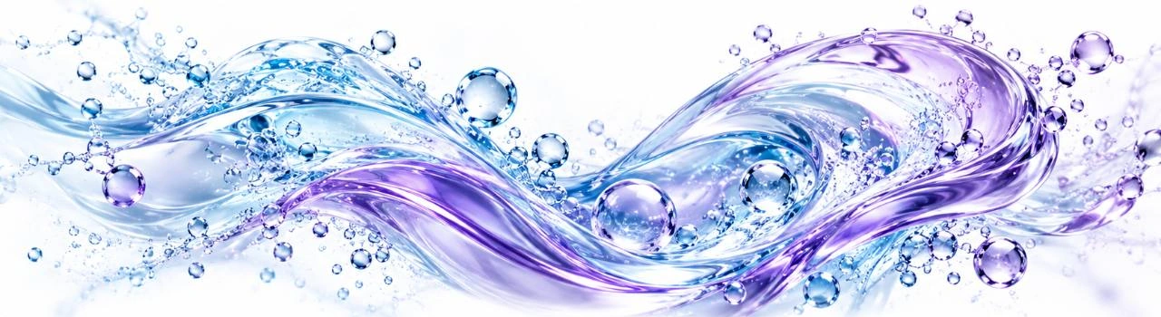 Hydration swirl with transparent blue and violet liquid structures