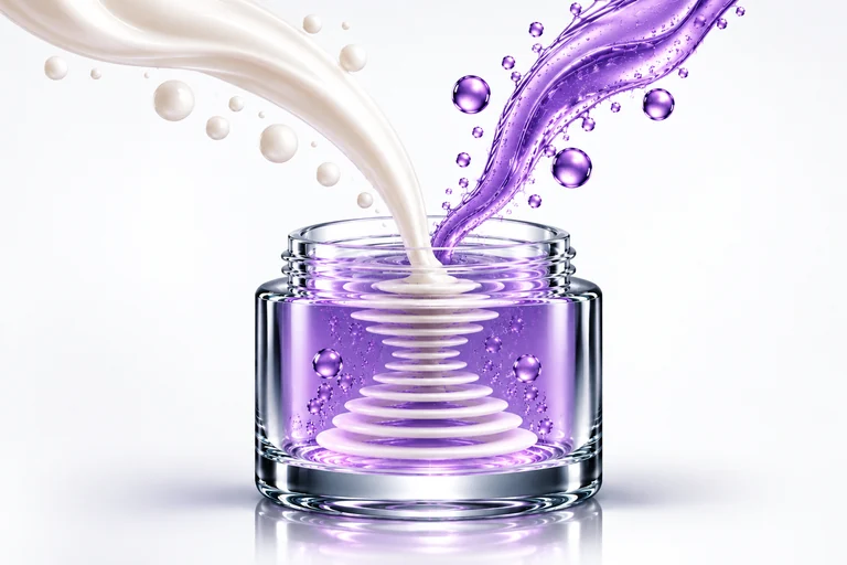 Weiße Creme und violettes Gel verbinden sich in einem transparenten Kosmetiktiegel.