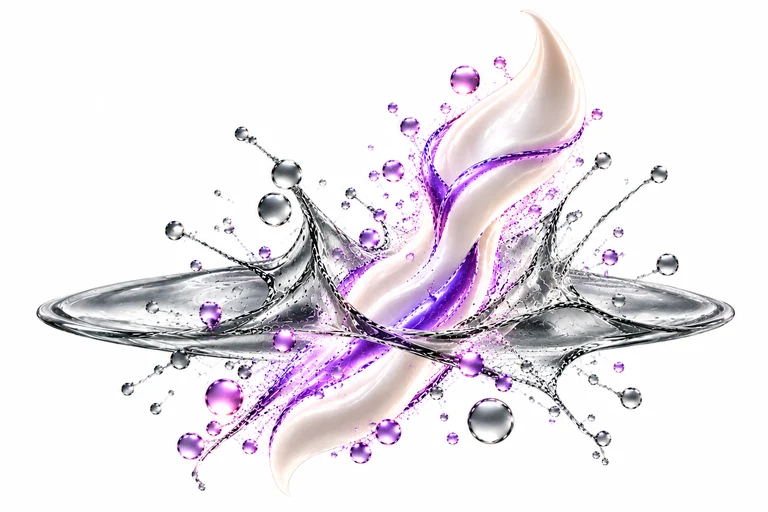 Perlmuttcreme und violetter Swirl durchbrechen eine klare Flüssigkeitsfläche.