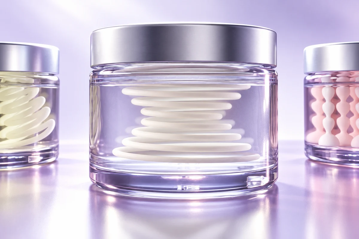 Kosmetiktiegel mit weißen Cremespiralen in transparentem Gel – Cream-in-Gel Technology