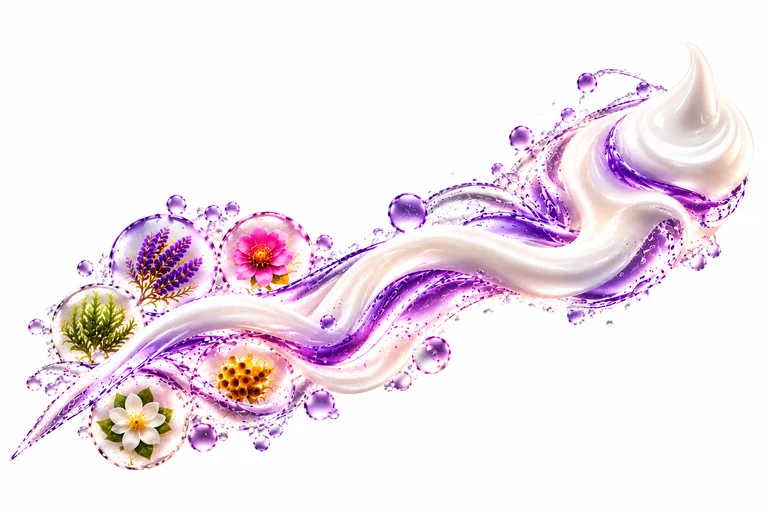 Creme- und Serum-Swirl mit botanischen Inhaltsstoffen in transparenten Kugeln.