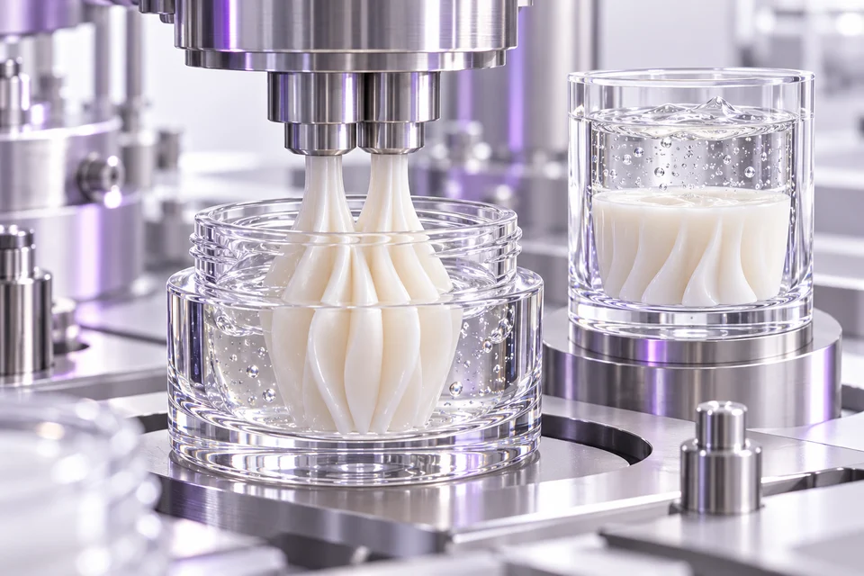 Konzeptdarstellung einer Abfüllanlage, die weiße Creme in transparentes Gel dosiert