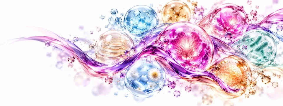 ACTIVES WORLD: transparente Materialstrukturen in Blau, Violett, Magenta und warmen Goldtönen